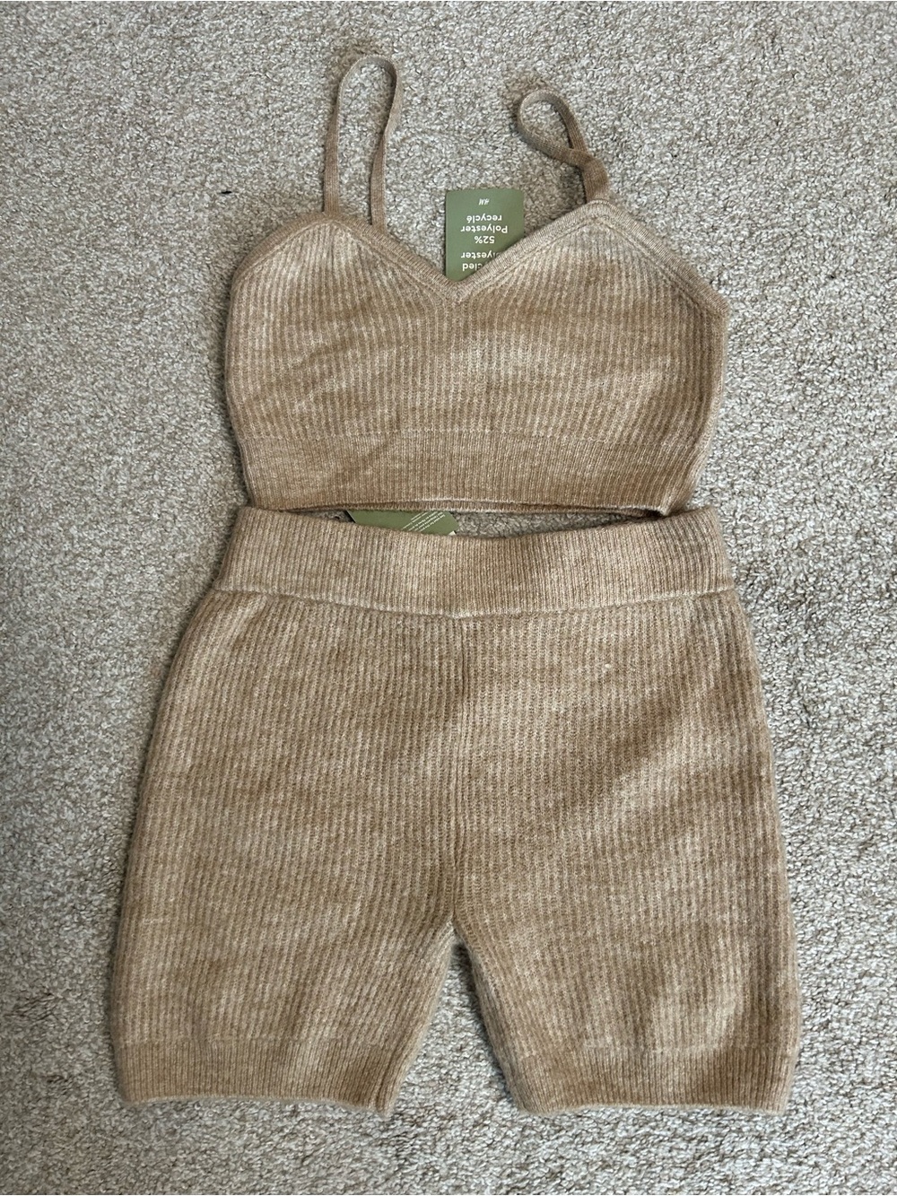 H&M Ribbed Knit Crop Top & Biker Shorts Set - Camel/Tan